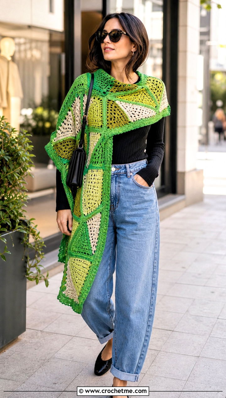 Geometric Mosaic Crochet Shawl With Barrel Jeans - 30 mosaic crochet shawl outfit ideas