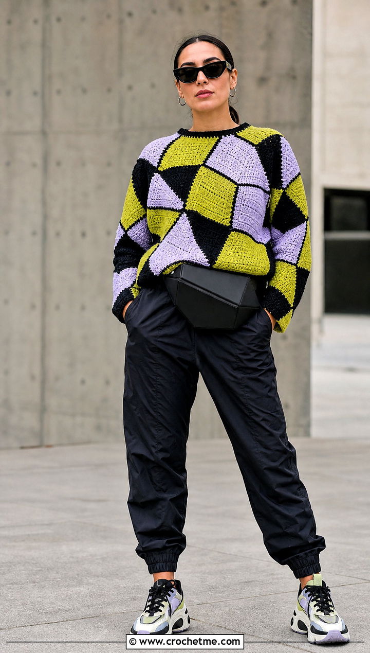 Geometric Mosaic Patchwork Sweater With Parachute Pants - 30 crochet patchwork sweater outfit ideas