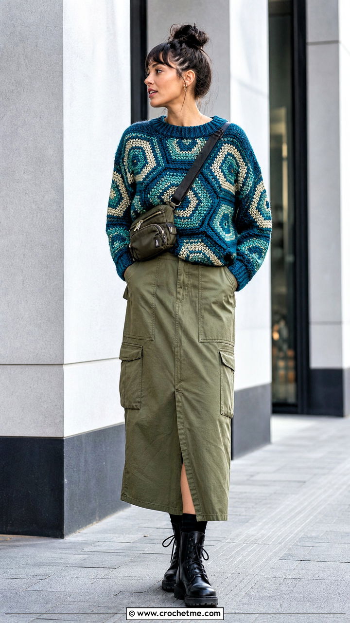 Geometric Motif Chunky Crochet Sweater With Cargo Midi Skirt - 35 chunky crochet sweater outfit ideas