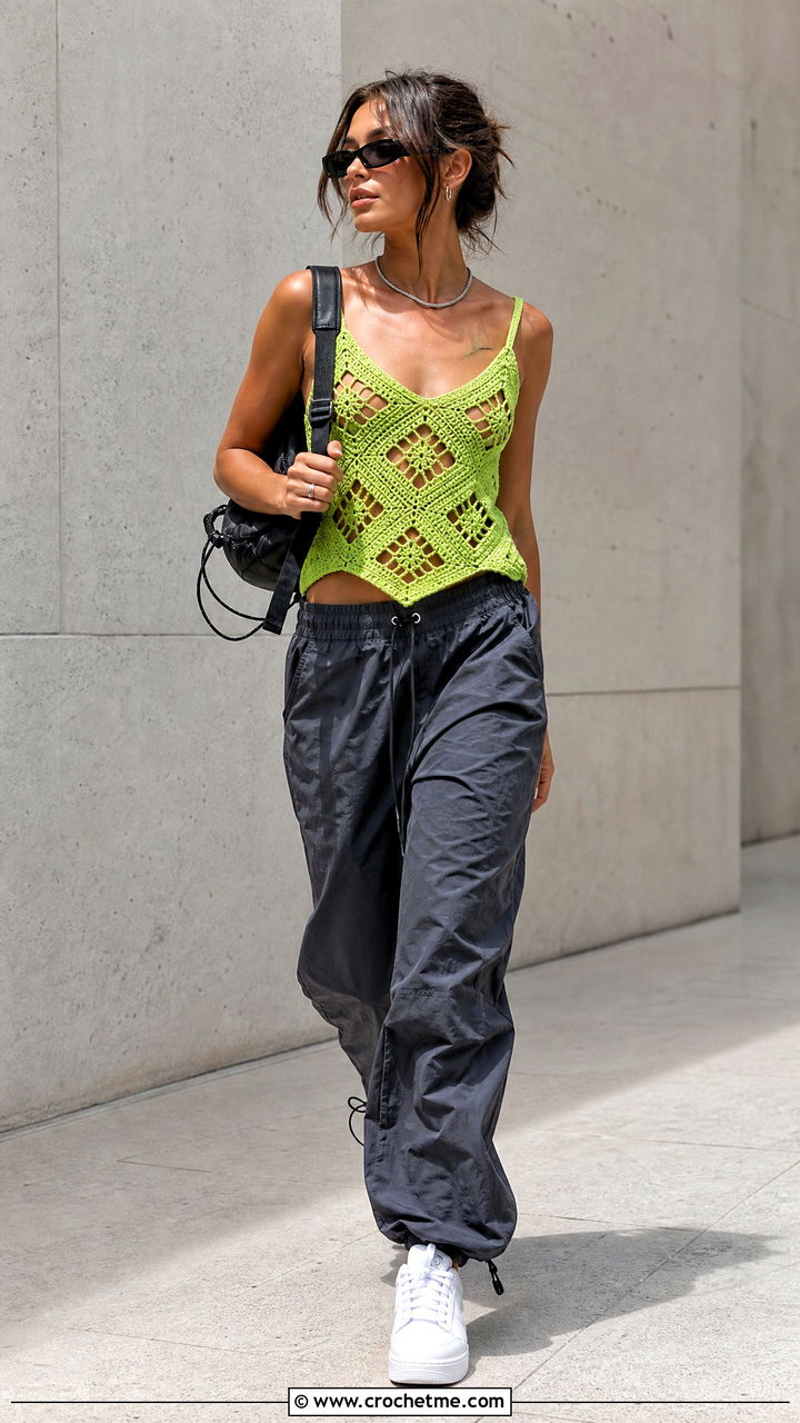 Geometric Motif Crochet Camisole With Parachute Pants - 35 crochet camisole outfit ideas