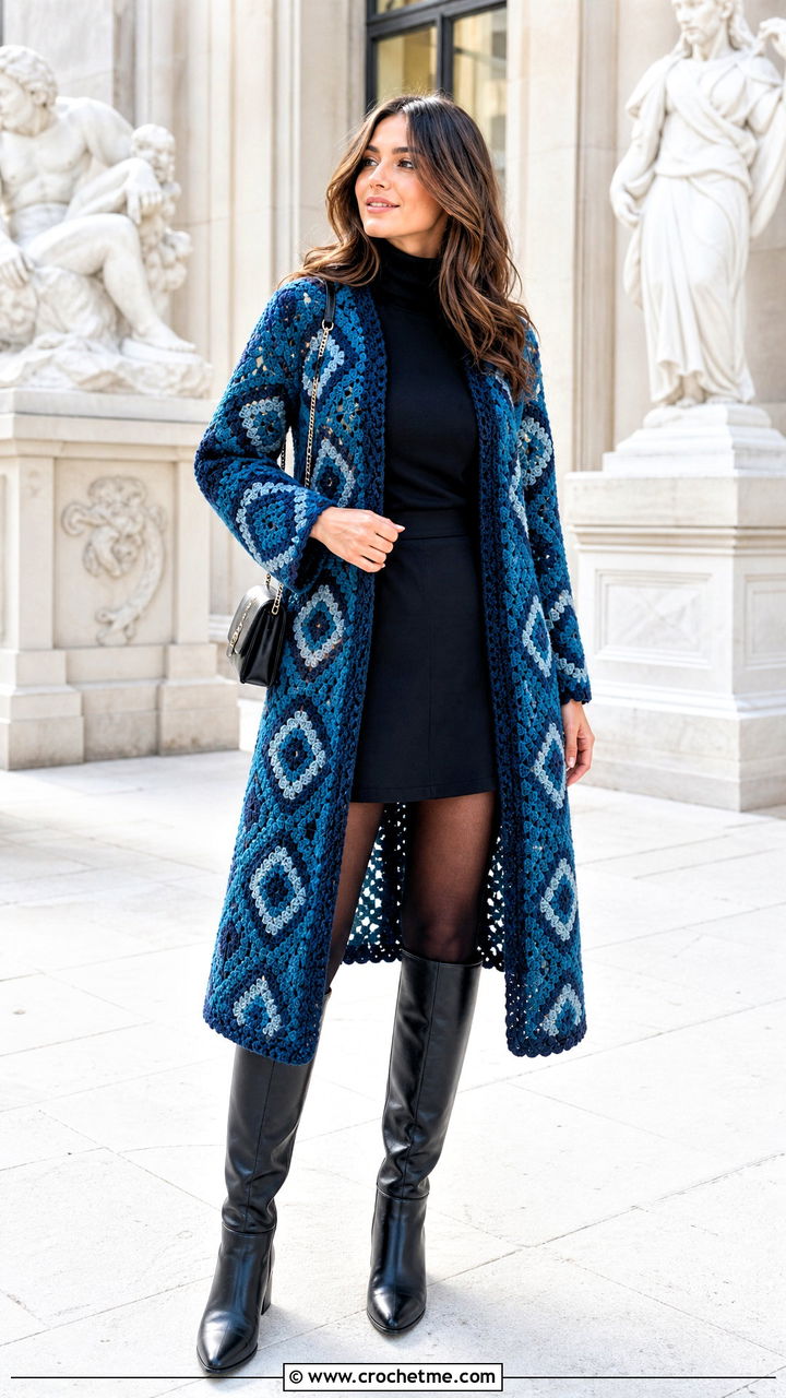 Geometric Motif Crochet Coat With Mini Skirt And Tights - 35 crochet coat outfit ideas