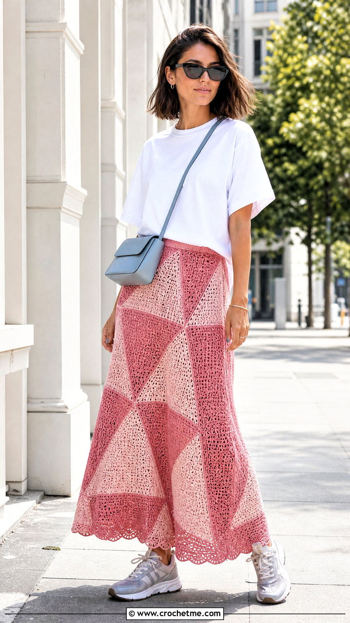 Geometric Motif Crochet Long Skirt With Boxy Tee - 35 crochet long skirt outfit ideas
