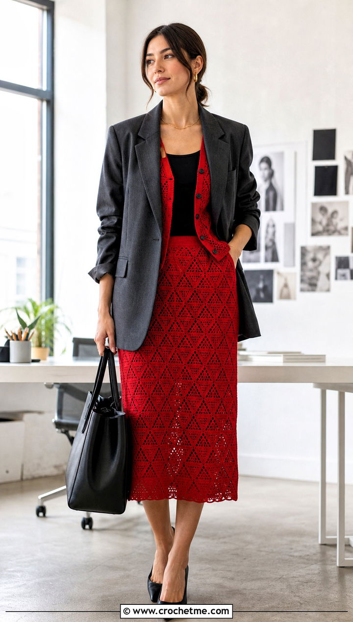 Geometric Motif Crochet Midi Set With Blazer And Pumps - 25 Crochet Skirt And Cardigan Set outfit ideas