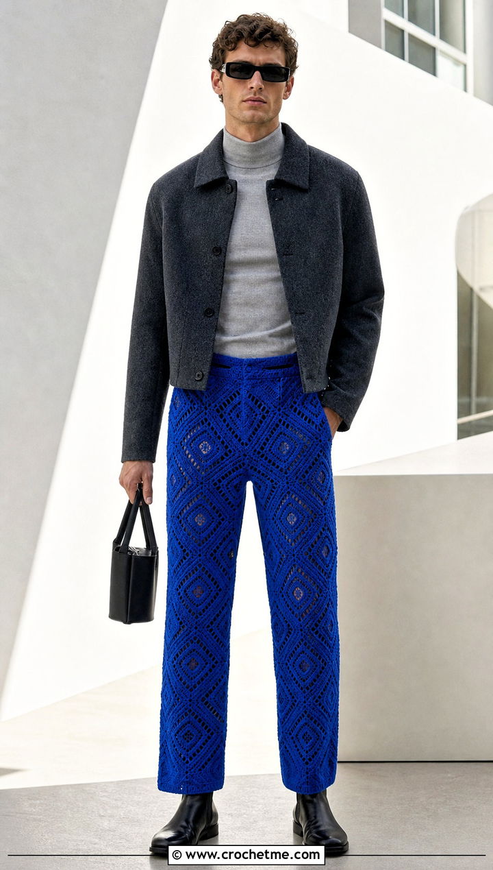 Geometric Motif Crochet Pants With Mock Neck Top - 35 crochet pants men outfit ideas