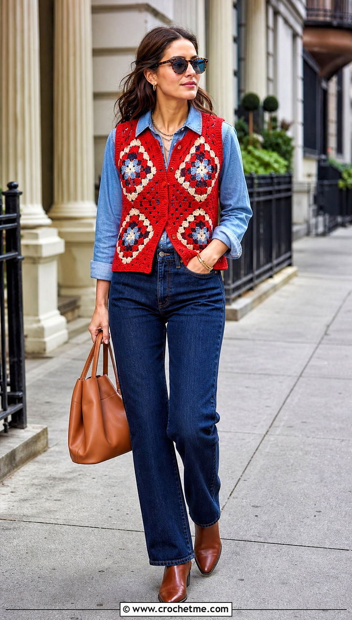 Geometric Motif Crochet Vest With Double Denim - 35 diy crochet vest outfit ideas