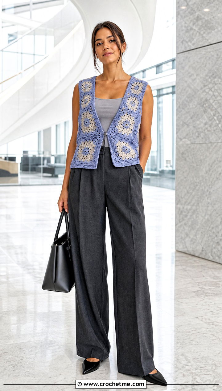 Geometric Motif Crochet Waistcoat With Suit Trousers - 35 crochet waist coat outfit ideas