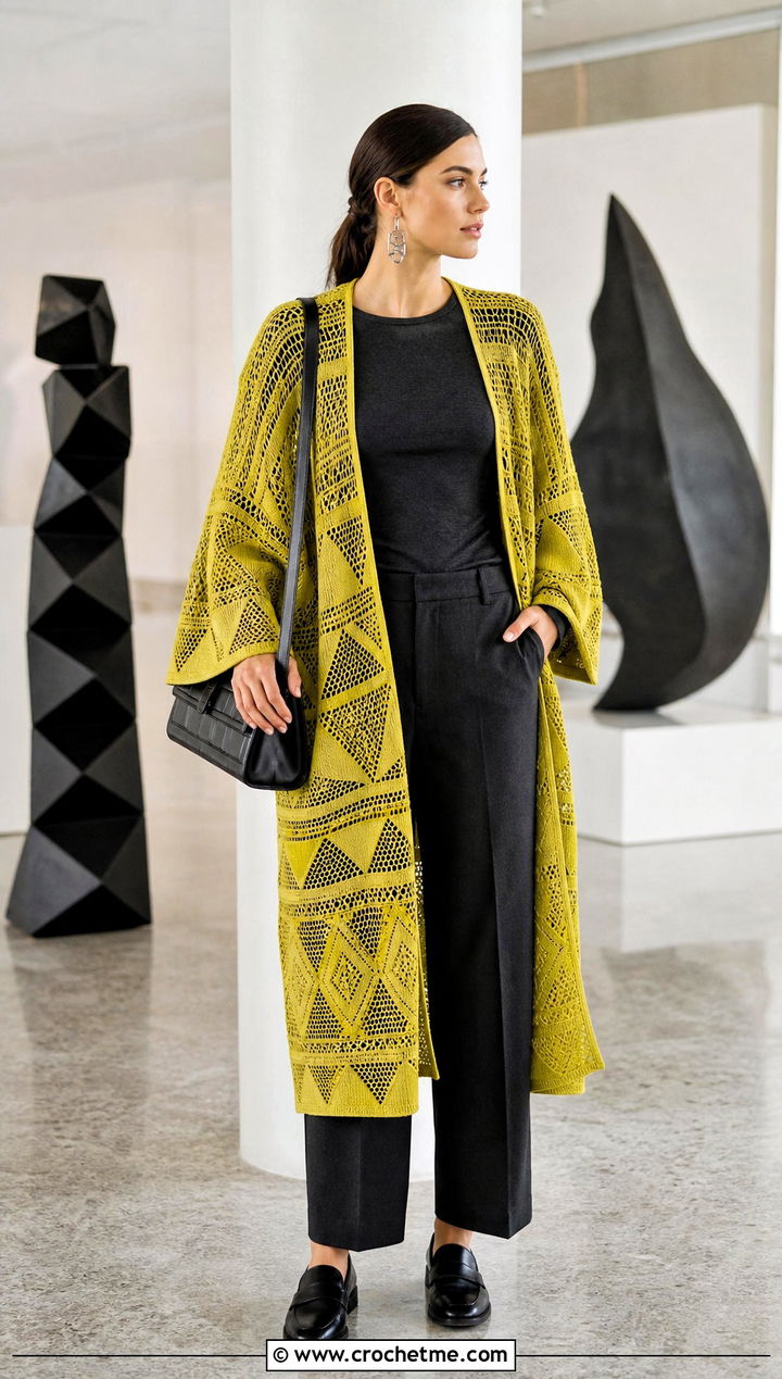 Geometric Motif Kimono Cardigan With Monochrome Outfit - 25 kimono crochet cardigan outfit ideas