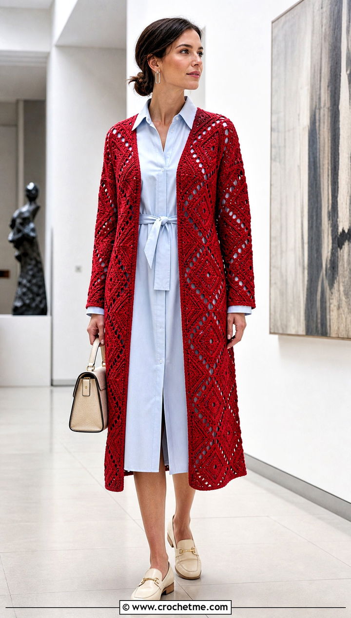Geometric Motif Long Crochet Duster With Shirt Dress - 25 Long Crochet Duster outfit ideas