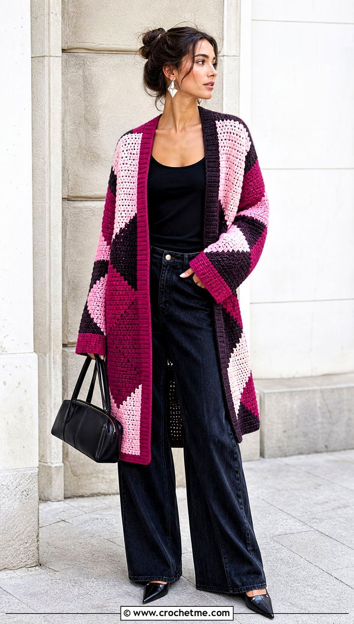 Geometric Motif Oversized Patchwork Crochet Cardigan With Wide Leg Jeans - 15 oversized patchwork crochet cardigan outfit ideas