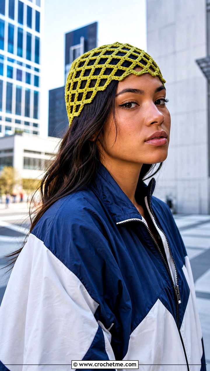Geometric Net Hat With Color Block Windbreaker - 25 crochet net hat outfit ideas
