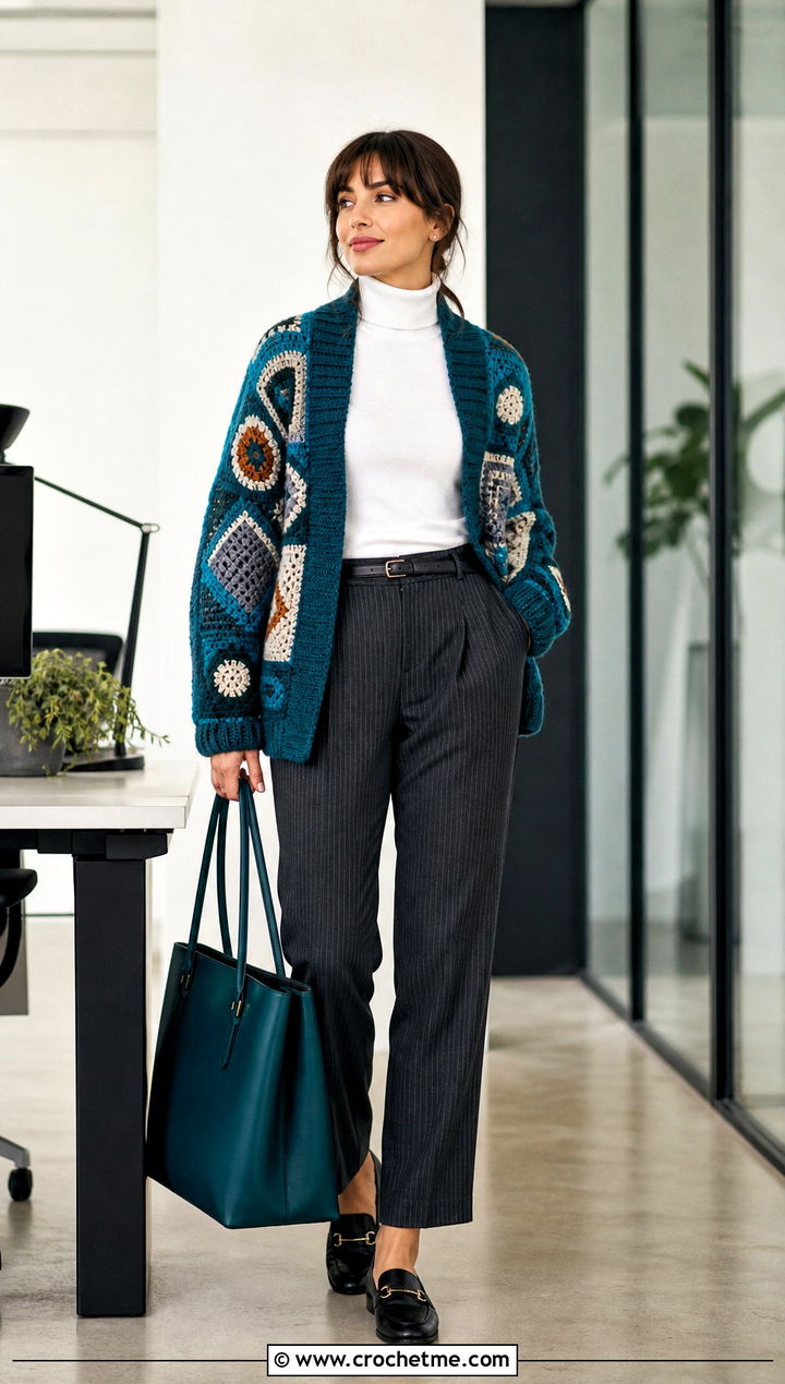 Geometric Patchwork Cardigan With Pinstripe Pants - 30 crochet patch work cardigan outfit ideas