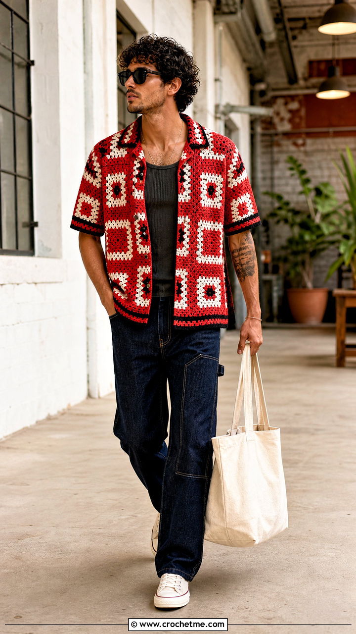 Geometric Patchwork Crochet Shirt With Carpenter Jeans - 35 crochet shirt men outfit ideas