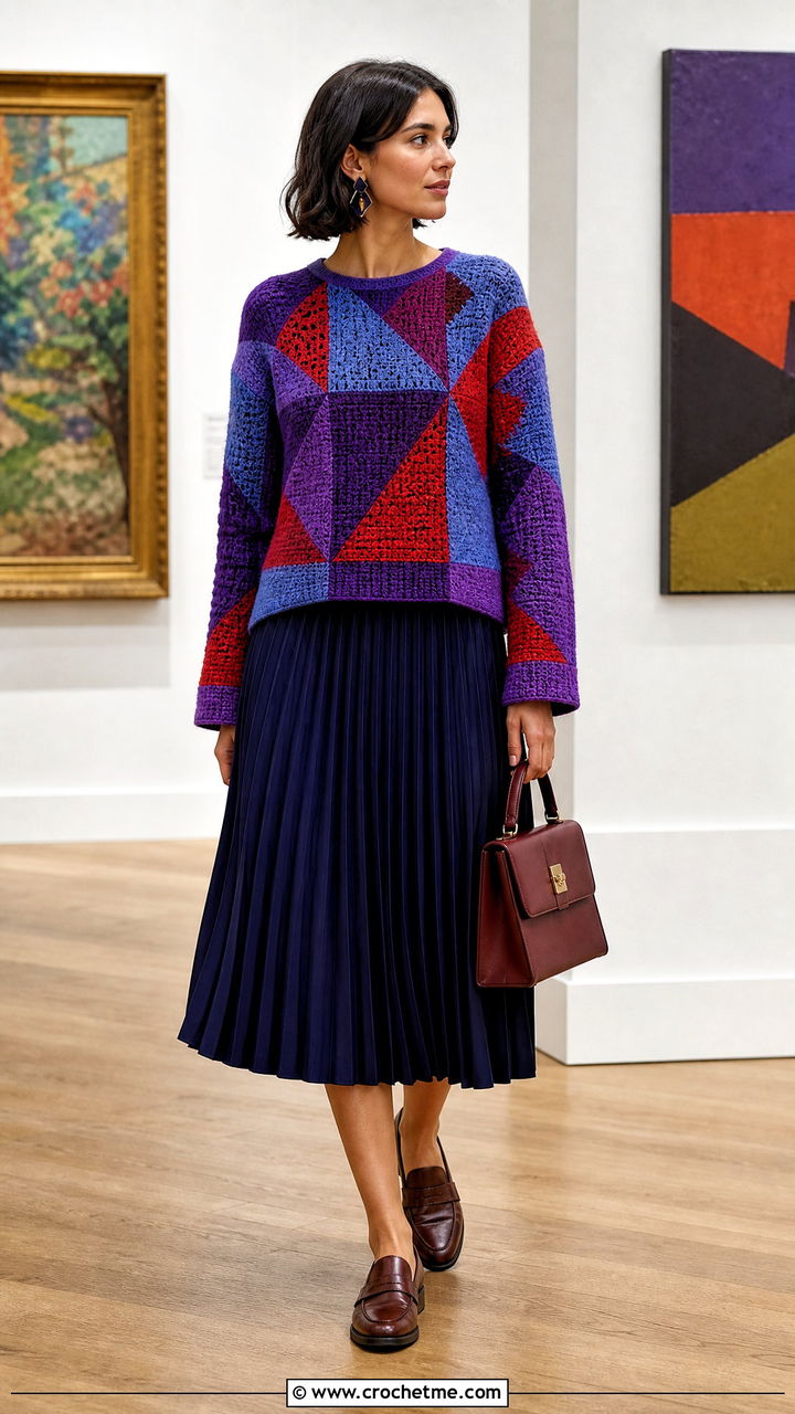 Geometric Patchwork Crochet Sweater With Pleated Midi Skirt - 35 patchwork crochet sweater outfit ideas