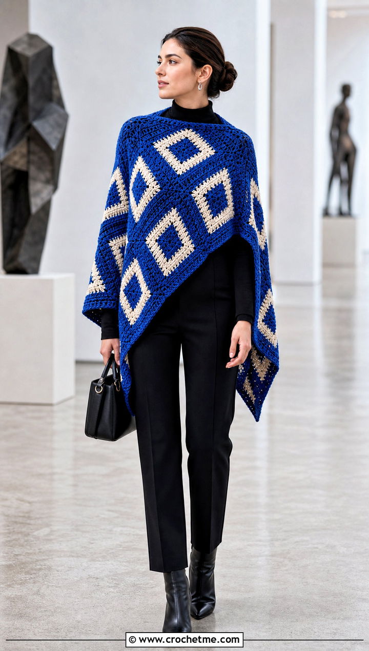 Geometric Rectangle Poncho With Monochrome Basics - 30 crochet rectangle poncho outfit ideas
