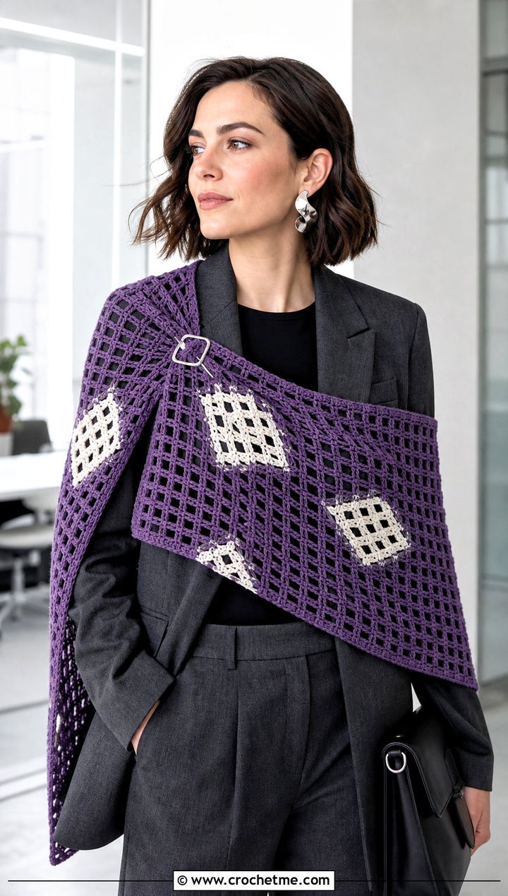 Geometric Rectangular Crochet Shawl With Minimalist Suit - 30 rectangular crochet shawls outfit ideas