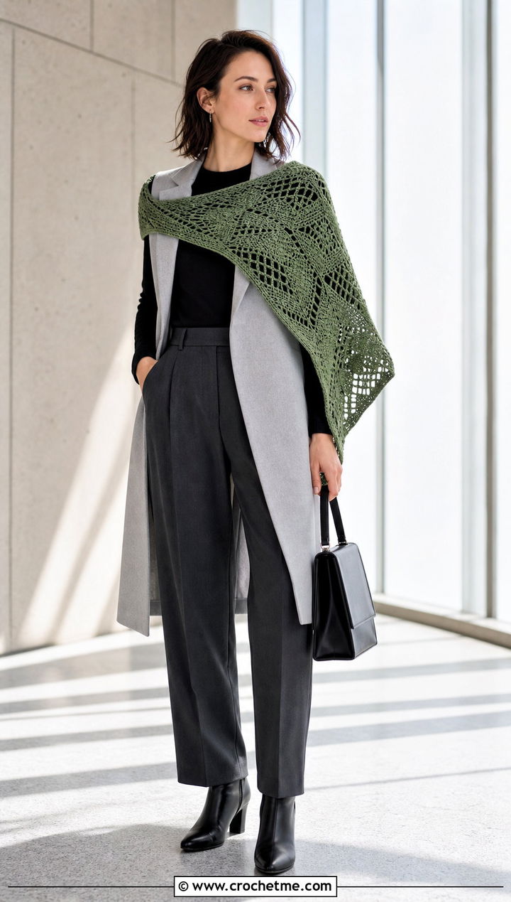 Geometric Sideways Crochet Shawl With Pleated Trousers - 25 Sideways Crochet Shawl outfit ideas