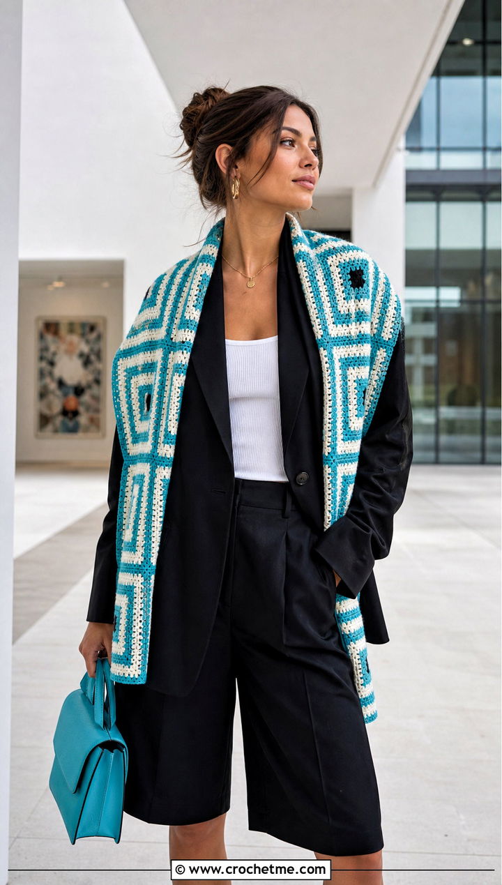 Geometric Sleeved Crochet Scarf With Blazer And Shorts - 25 Sleeved Crochet Scarf outfit ideas