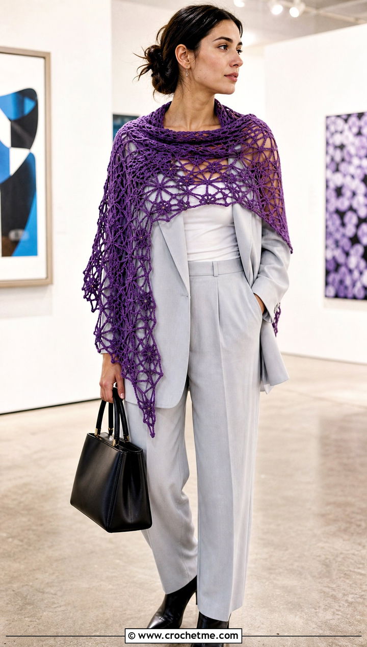 Geometric Spiderweb Crochet Shawl With Suit - 30 spiderweb crochet shawl outfit ideas