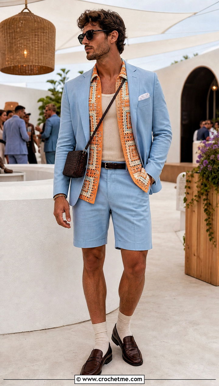 Geometric Square Crochet Mesh Shirt With A Shorts Suit - 25 Men Crochet Mesh Shirt outfit ideas