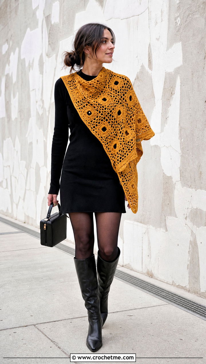 Geometric Square Crochet Shawl With Mini Dress And Boots - 25 Square Crochet Shawl outfit ideas