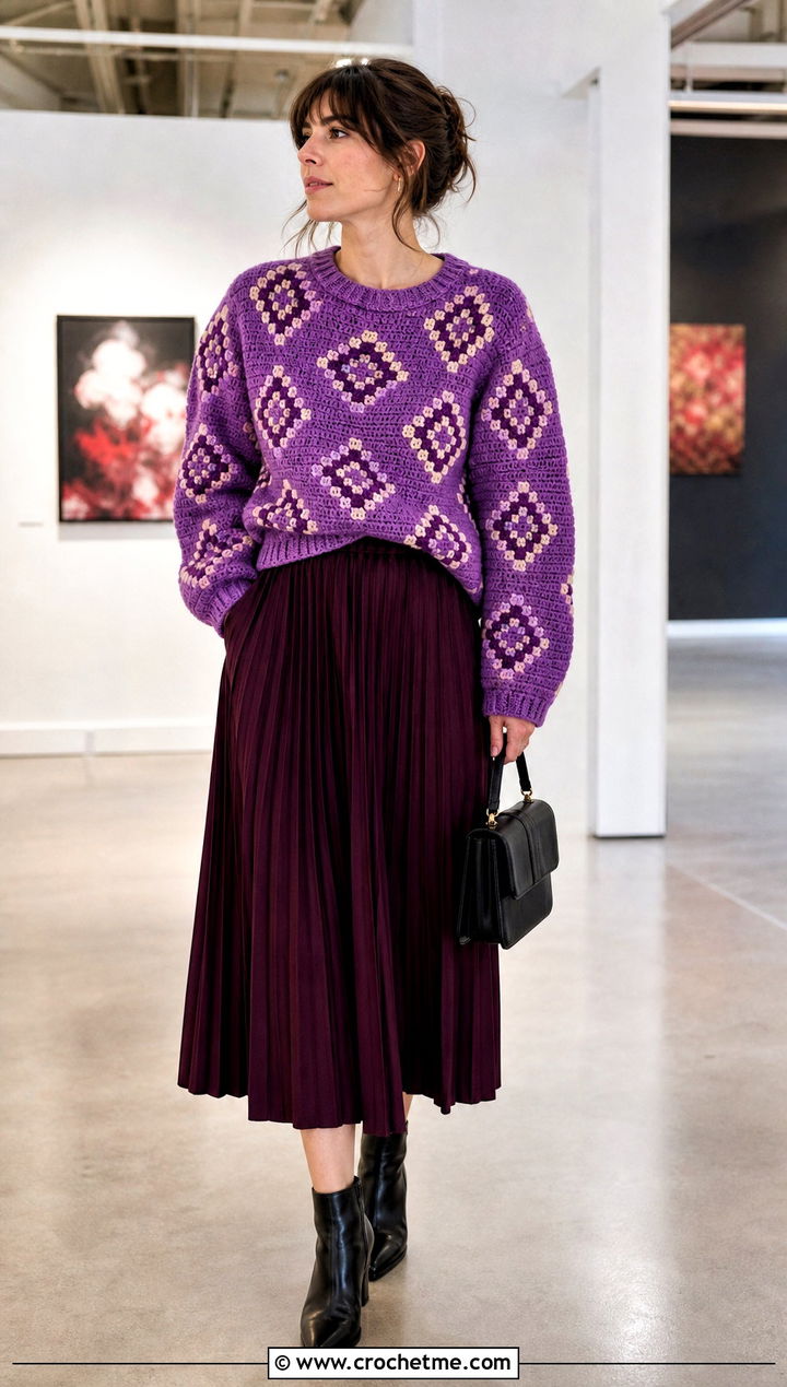 Geometric Square Jumper With Pleated Midi Skirt - 30 crochet square jumper outfit ideas