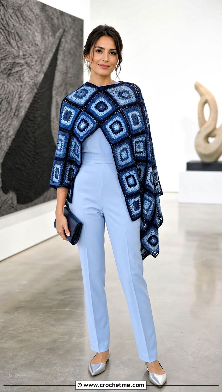 Geometric Square Poncho With Jumpsuit - 30 crochet square poncho outfit ideas