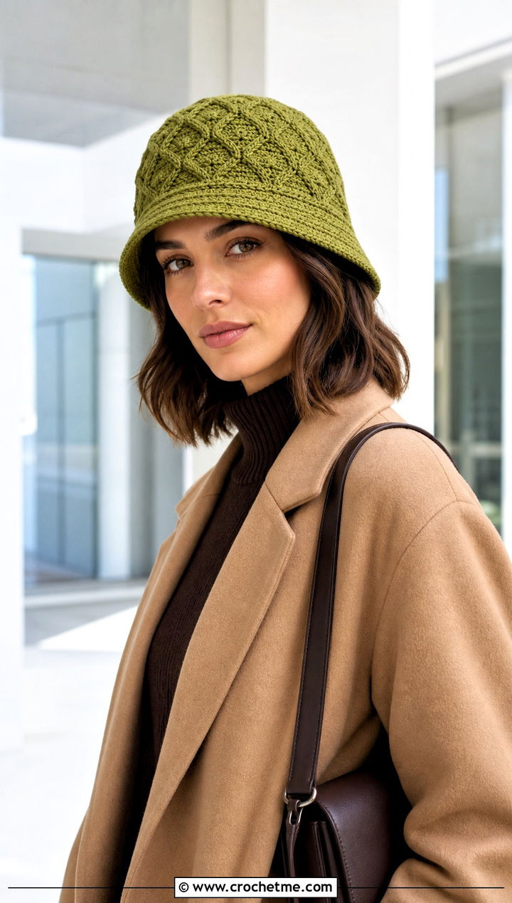 Geometric Stitch Crochet Cloche Hat With Minimalist Coat - 25 Cloche Crochet Hat outfit ideas