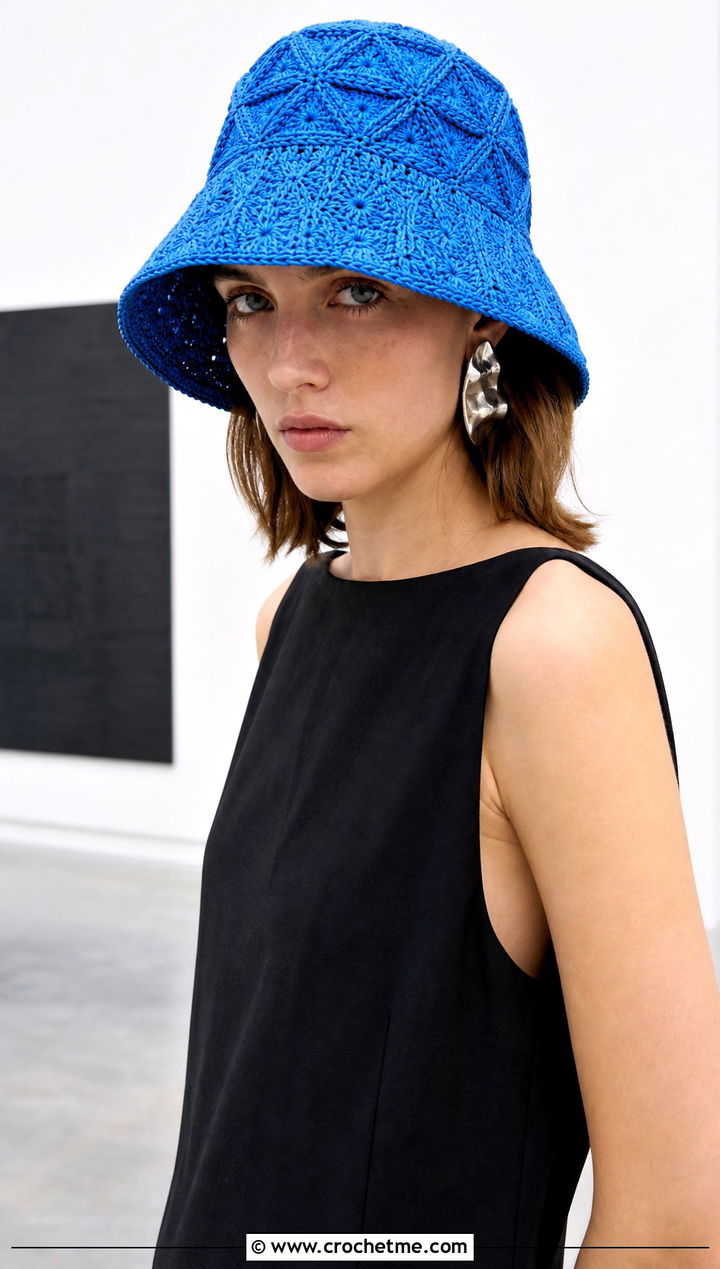 Geometric Stitch Crochet Raffia Bucket Hat With Black Dress - 25 crochet raffia bucket hat outfit ideas