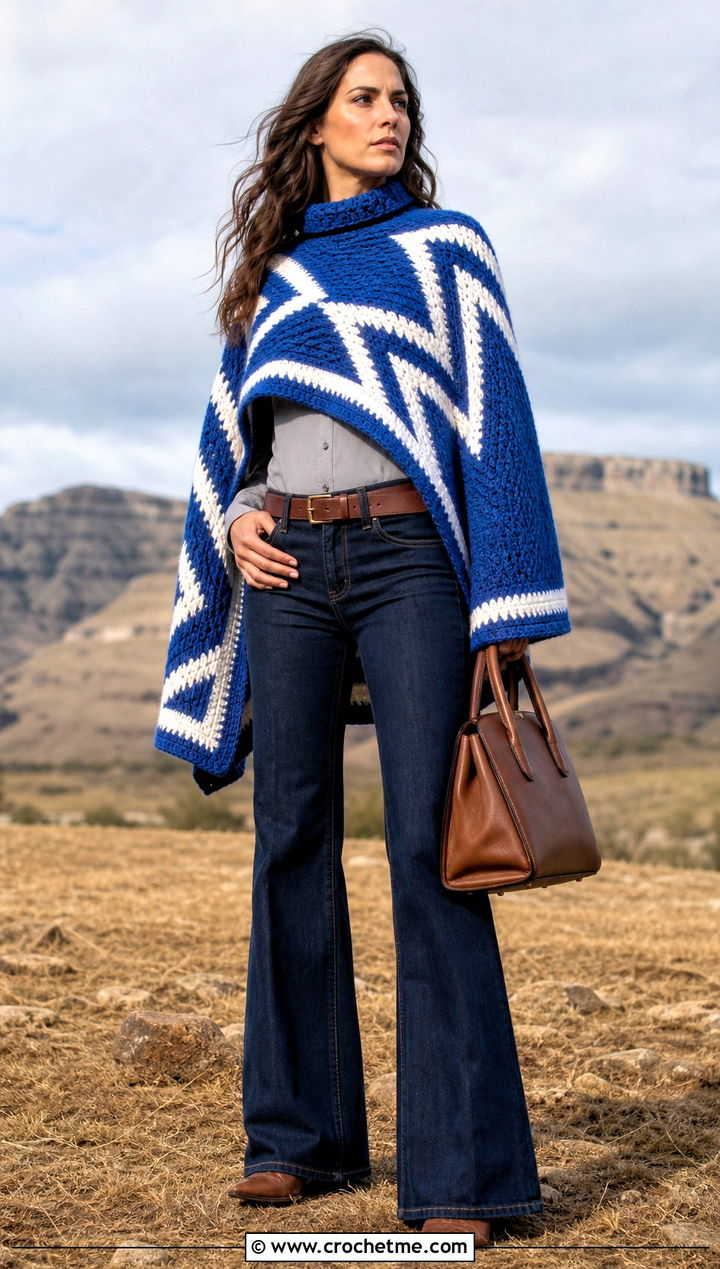 Geometric Surface Crochet Clint Eastwood Poncho With Flared Jeans - 15 Crochet Clint Eastwood Poncho outfit ideas