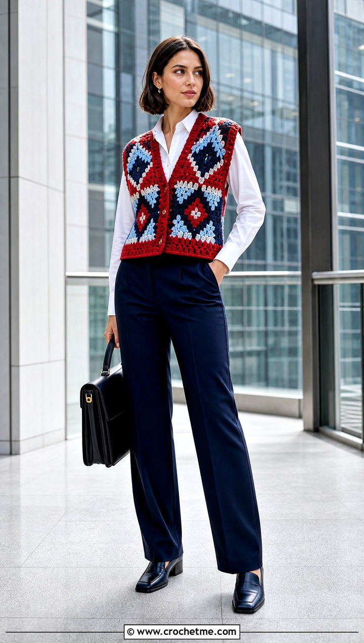 Geometric Tapestry Chunky Crochet Vest With Suit Trousers - 30 crochet chunky vest outfit ideas