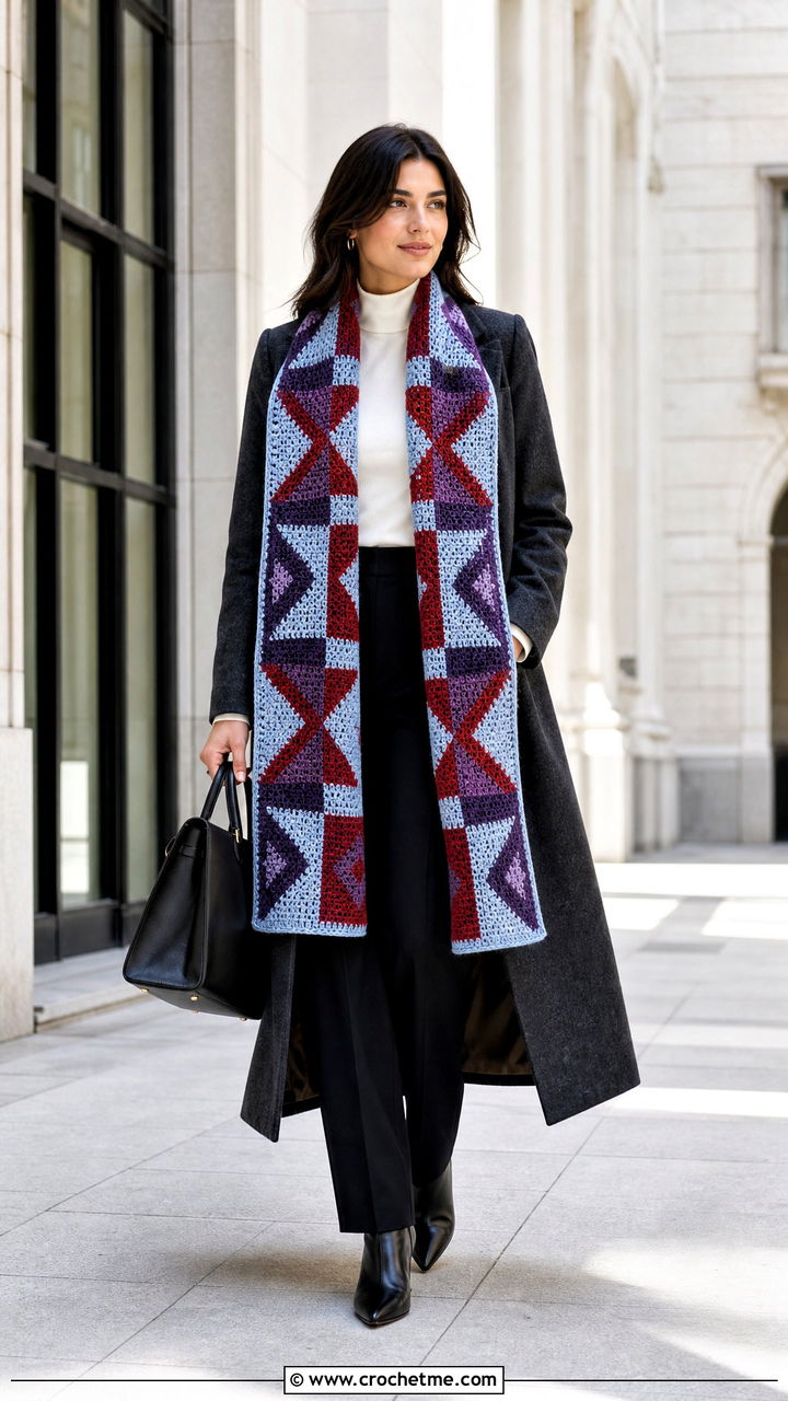 Geometric Tapestry Crochet Blanket Scarf With Long Coat - 35 crochet blanket scarf outfit ideas