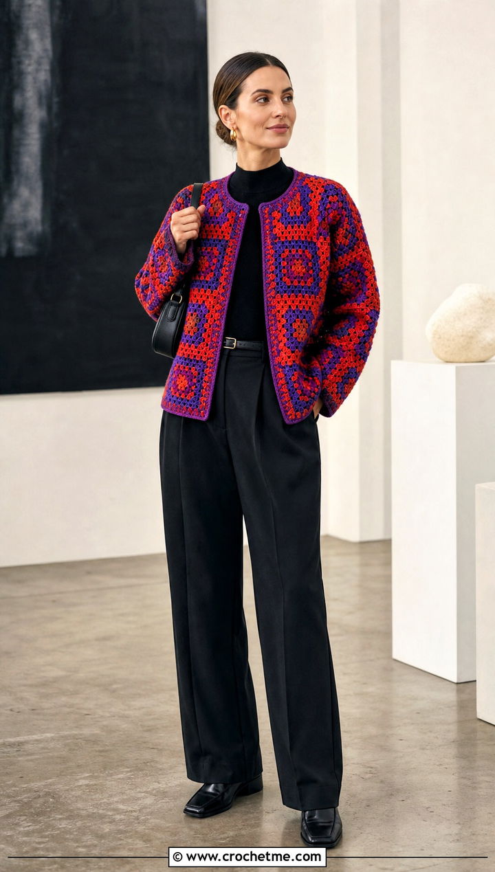 Geometric Tapestry Crochet Cardigan With Pleated Trousers - 30 two color crochet cardigan outfit ideas