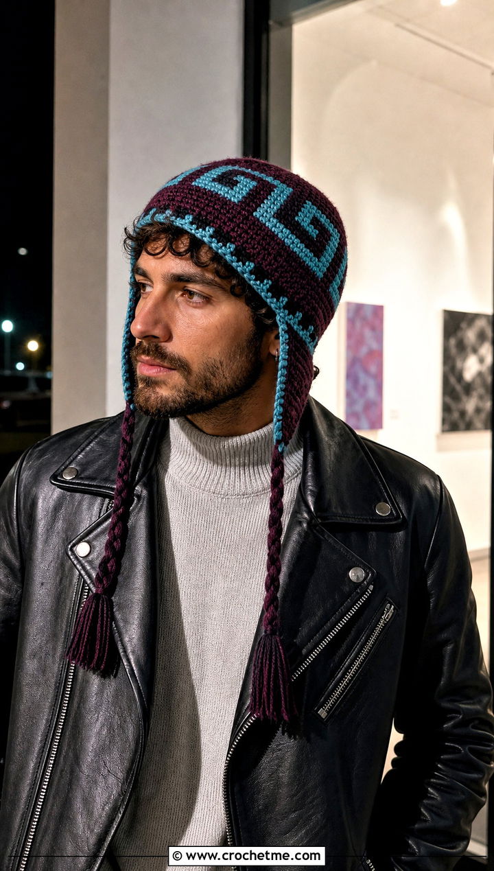 Geometric Tapestry Crochet Earflap Hat With Leather Jacket - 20 Mens Crochet Earflap Hat outfit ideas