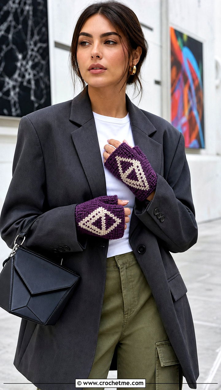 Geometric Tapestry Crochet Fingerless Gloves With Flap And Oversized Blazer - 30 crochet fingerless gloves with flap outfit ideas