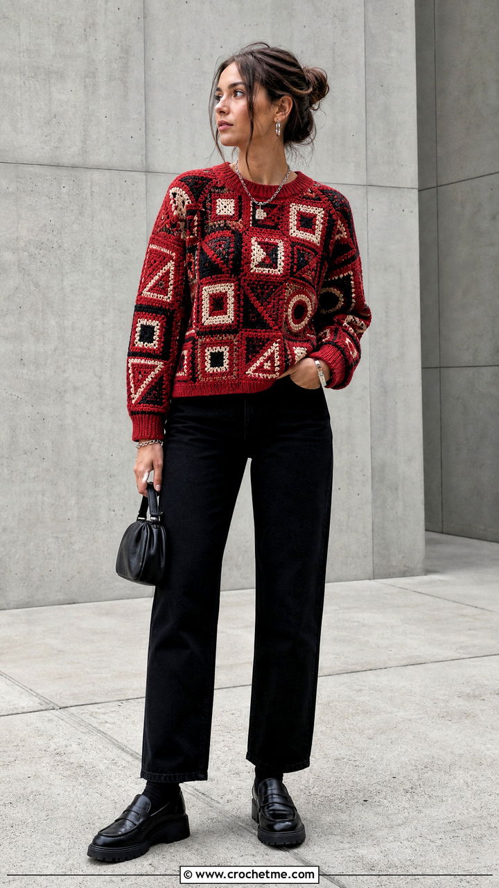Geometric Tapestry Crochet Jumper With Black Jeans - 35 crochet jumper outfit ideas
