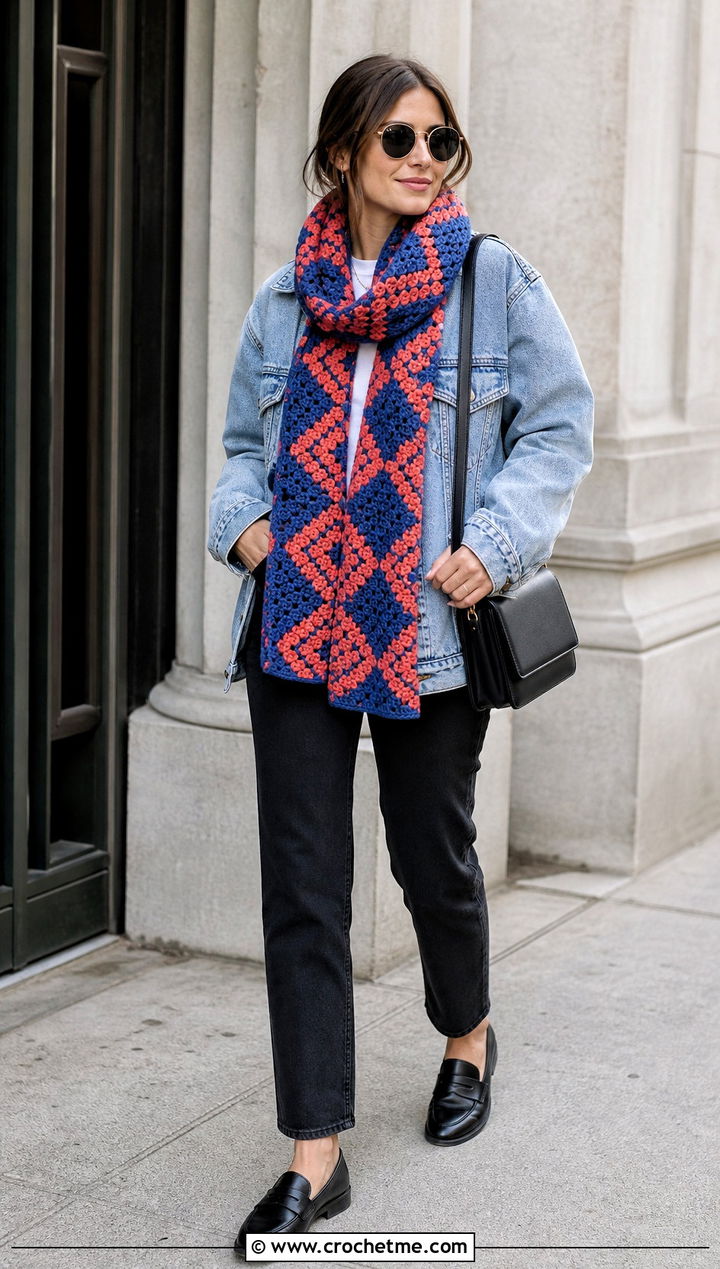 Geometric Tapestry Crochet Scarf With Denim Jacket - 35 tapestry crochet scarf outfit ideas