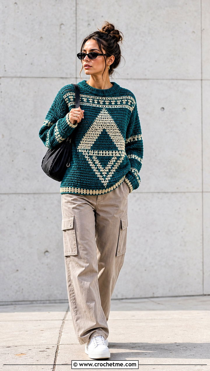 Geometric Tapestry Crochet Sweater With Cargo Pants - 30 tapestry crochet sweater outfit ideas