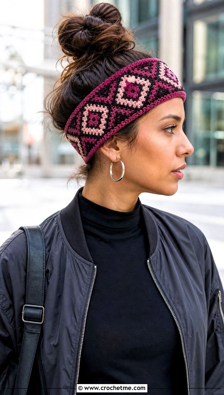 Geometric Tapestry Elastic Crochet Headband With a Bomber Jacket - 25 Crochet Headbands With Elastic outfit ideas