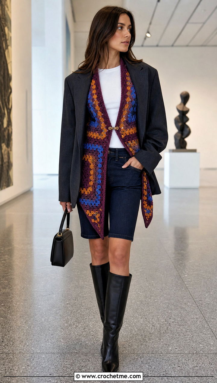 Geometric Tapestry Rectangle Crochet Shawl With Blazer - 20 Rectangle Crochet Shawl outfit ideas