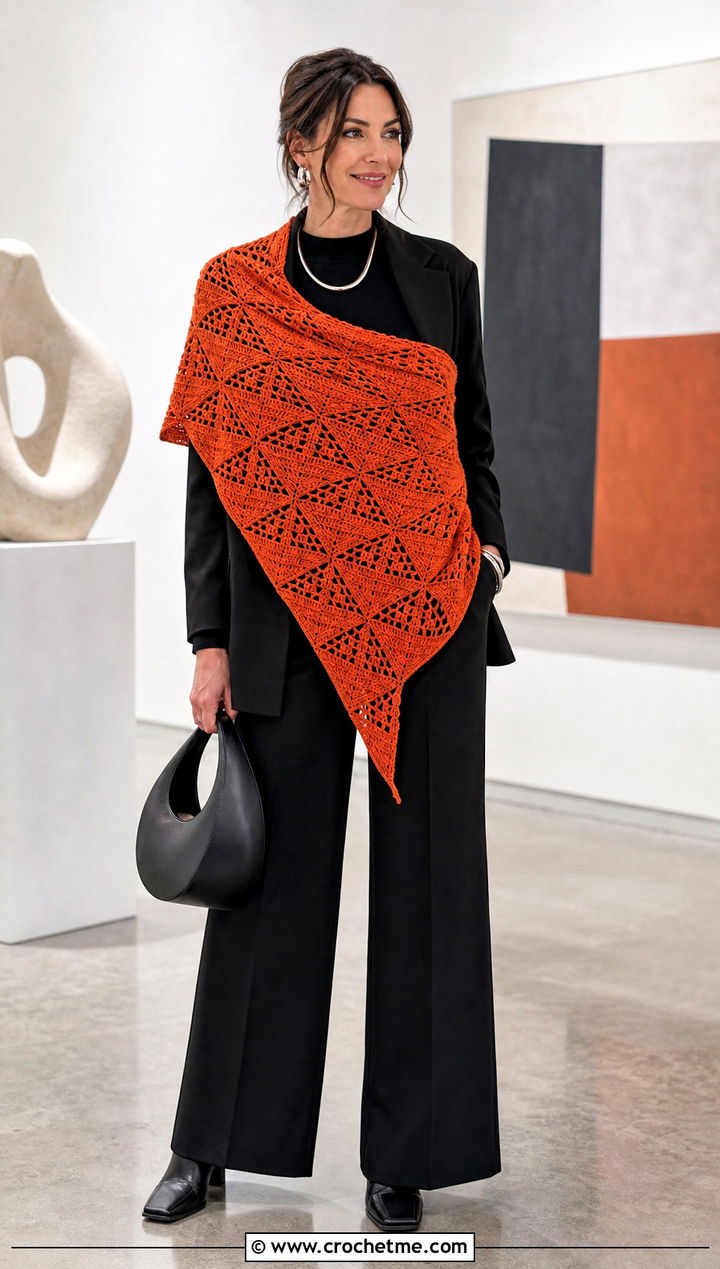 Geometric Triangle Shawl With Black Blazer And Wide Leg Pants - 35 Easy Simple Crochet Triangle Shawl outfit ideas