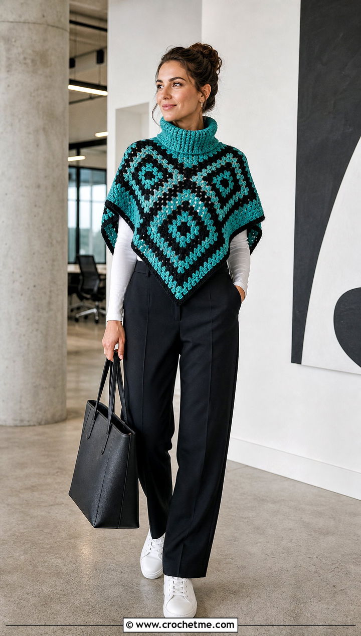 Geometric Turtle Neck Crochet Poncho With Suit Trousers - 25 Turtle Neck Crochet Poncho outfit ideas