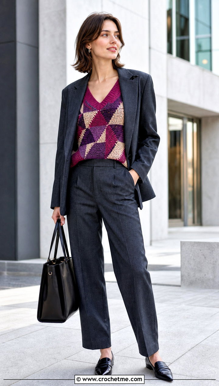 Geometric V Neck Crochet Sweater With A Trouser Suit - 35 v neck crochet sweater outfit ideas
