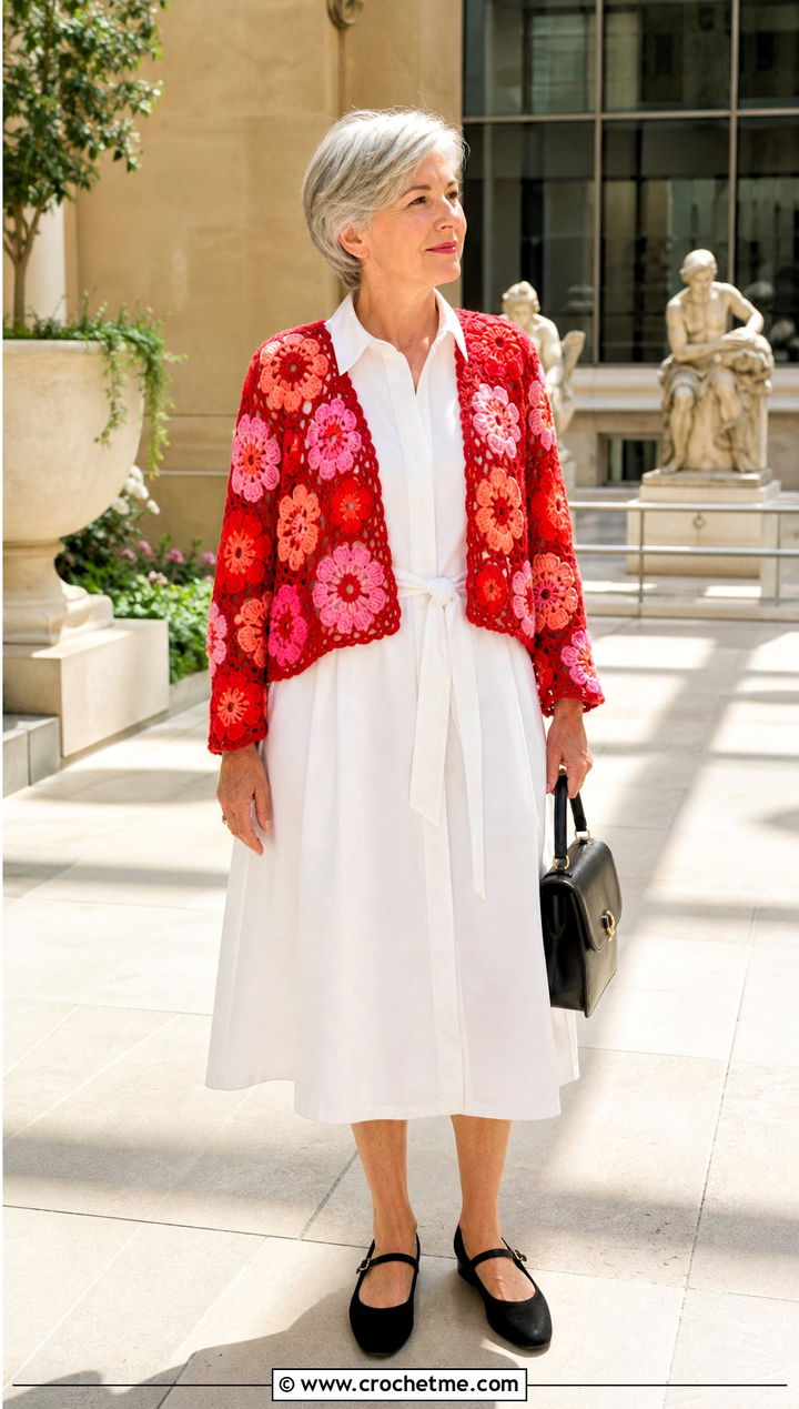 Gerbera Daisy Cardigan With Poplin Shirt Dress - 30 crochet flowers cardigan outfit ideas