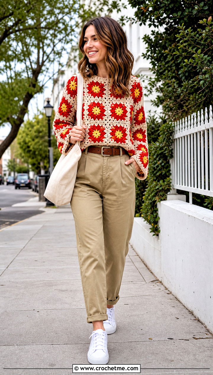 Gerbera Flower Granny Square Sweater With Khaki Chinos - 30 flower granny square sweater outfit ideas