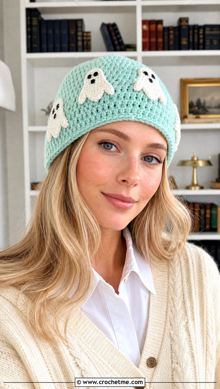 Ghost Applique Beanie With Pleated Skirt - 25 Halloween Crochet Beanies outfit ideas