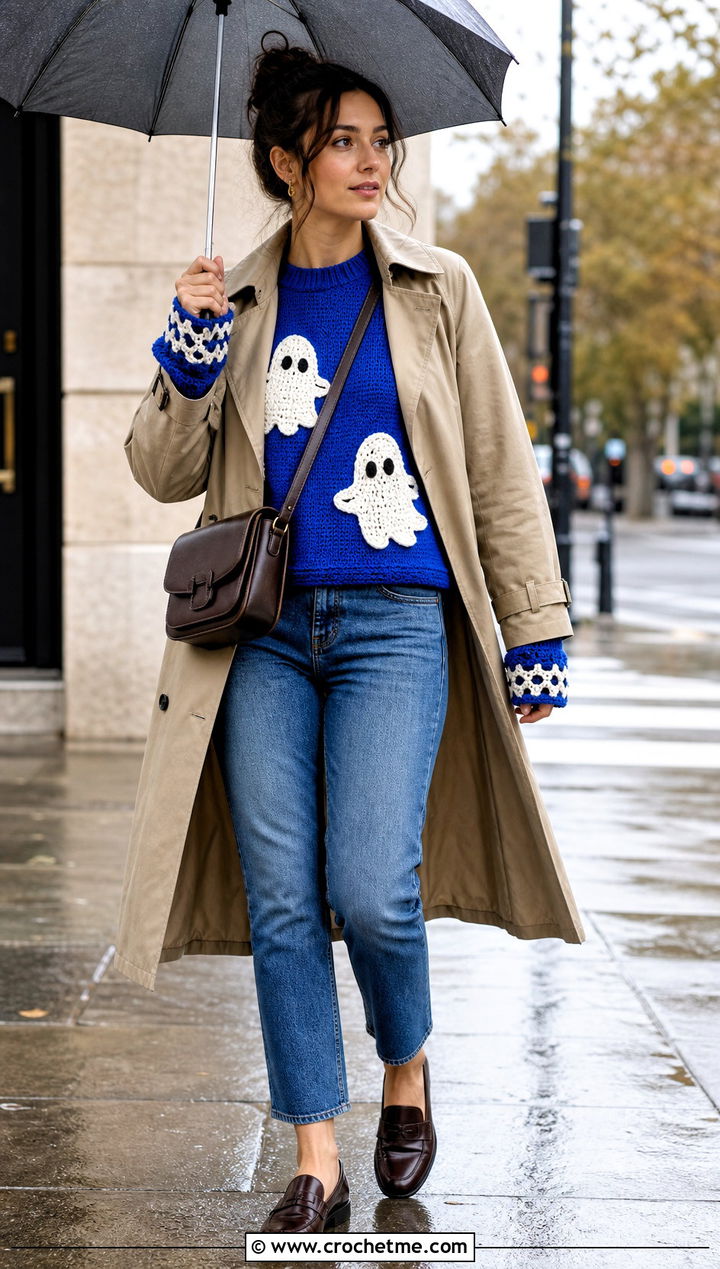 Ghost Applique Crochet Halloween Sweater With Khaki Trench Coat - 35 Crochet Halloween Sweater outfit ideas
