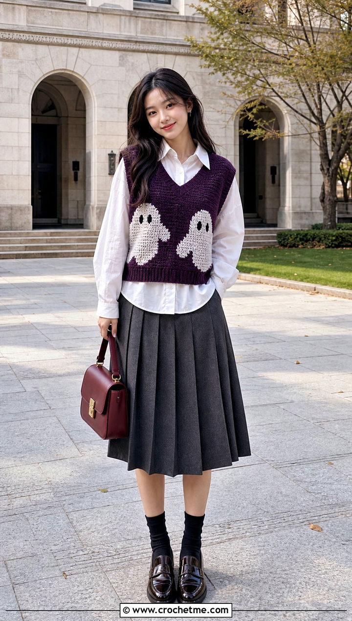 Ghost Applique Crochet Sweater Vest Outfit - 25 Crochet Halloween Clothes and outfit ideas