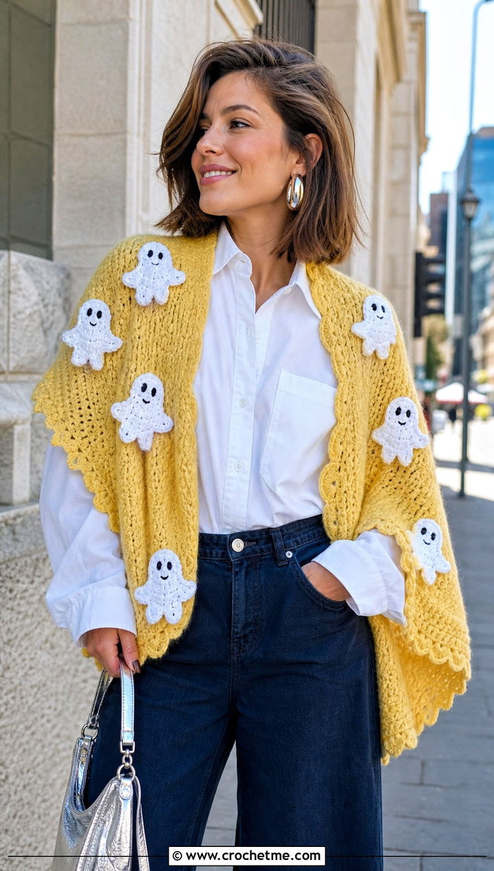 Ghost Applique Shawl With White Shirt and Wide Leg Jeans - 25 halloween crochet shawl outfit ideas