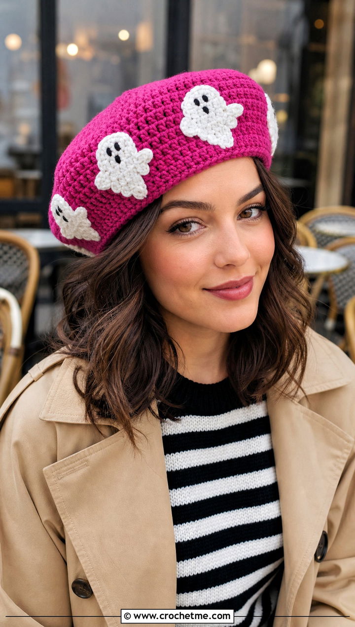 Ghost Crochet Beret With Trench Coat - 25 Ghost Crochet Hat outfit ideas