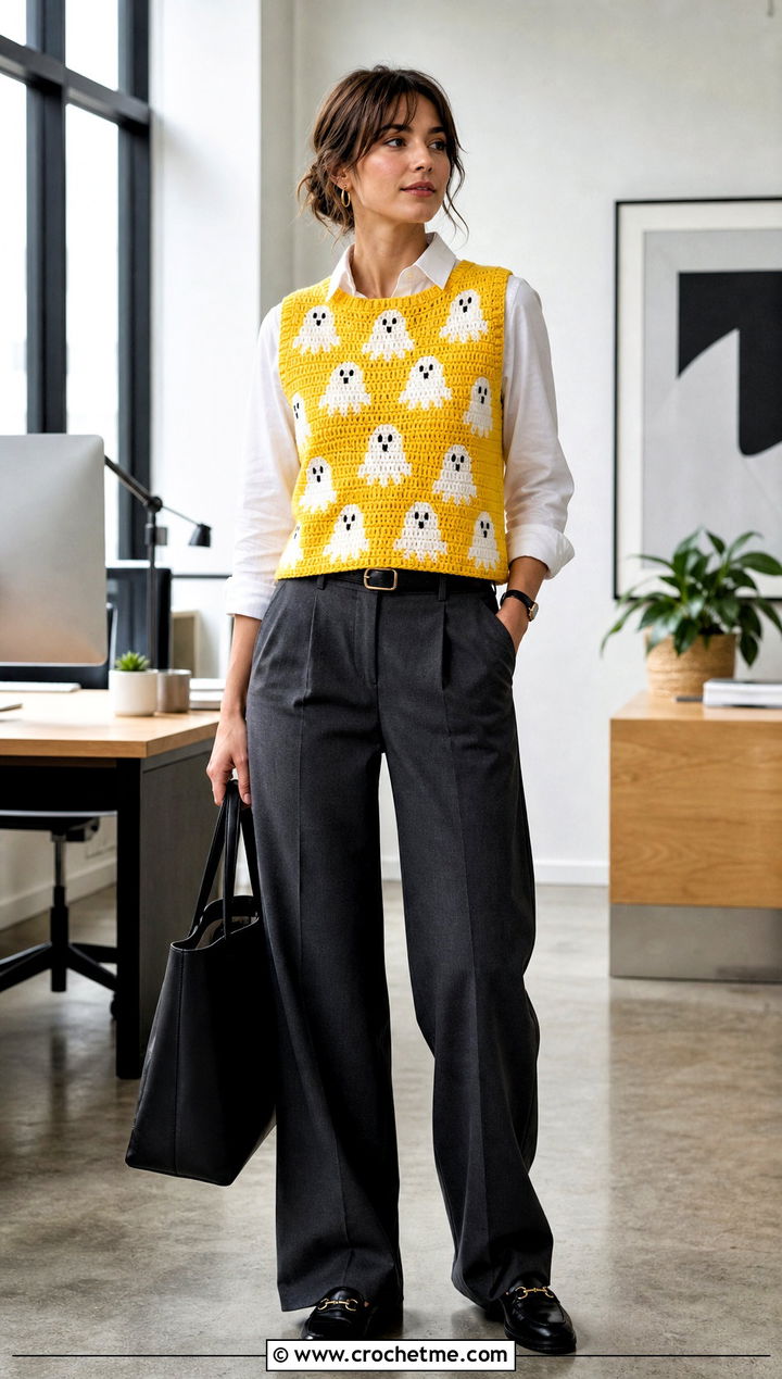 Ghost Crochet Sweater Vest With Tailored Trousers - 20 Crochet Halloween Clothing and outfit ideas